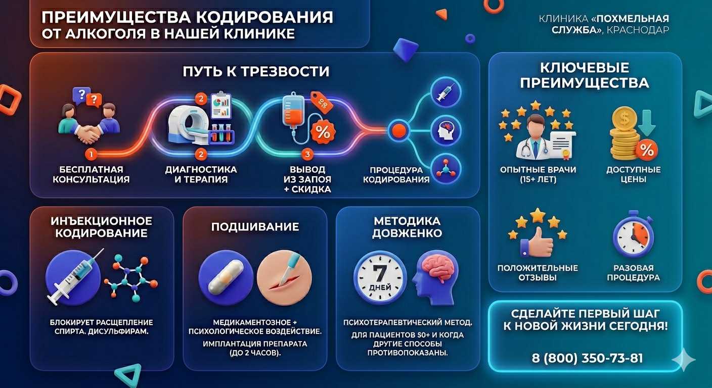 Инфографика о методах кодирования от алкоголя в Звенигово: инъекции, подшивание, метод Довженко. Преимущества клиники и этапы лечения.